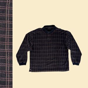 90s XL velour polo shirt, vintage black/purple plaid long sleeve by M.E. Sport